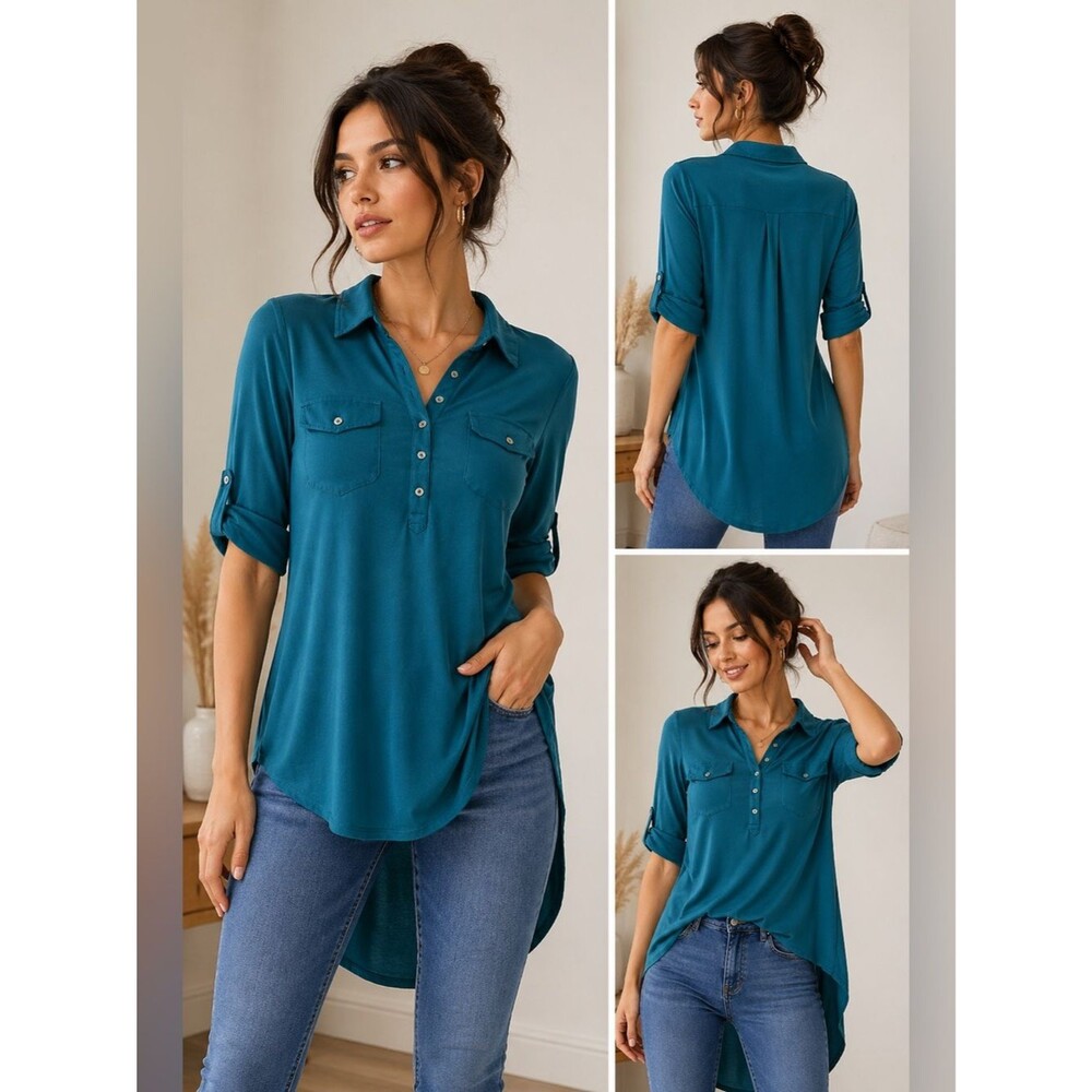 Eyeshadow Blouse High Low Green Roll Tab Long Sleeve Women's Size XL